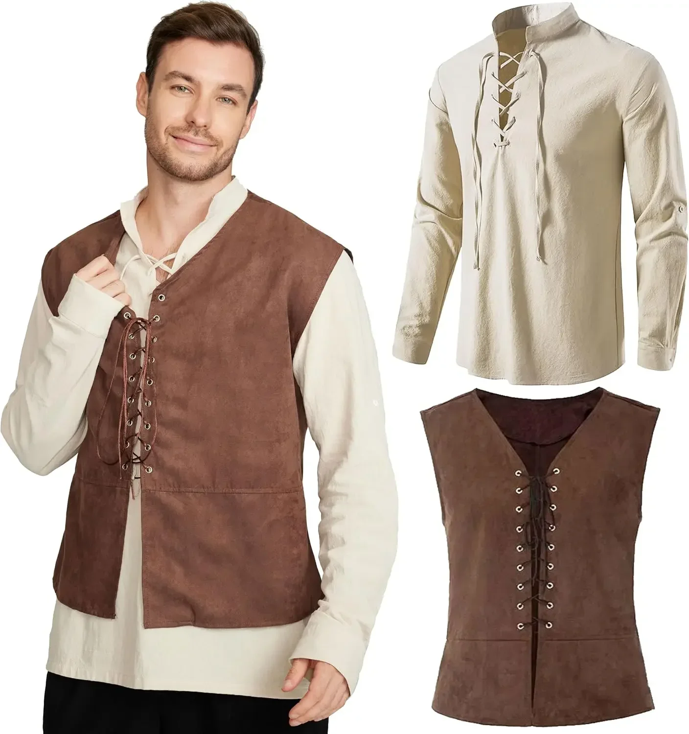 Medieval Gothic Lace Up Pirate Shirt - Conjunto de 2 piezas: chaleco pirata
