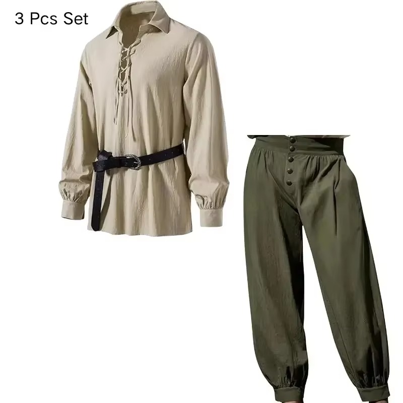 Conjunto de 3 piezas de hombre - Medieval Gothic Lace Up Pirate Shirt reseña y precio